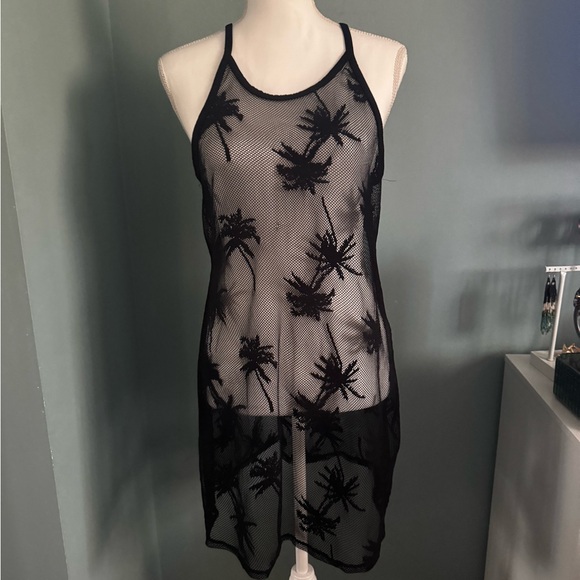 NWOT Black Sheer Palm Tree Cover-Up mesh Dress M medium - Picture 1 of 2